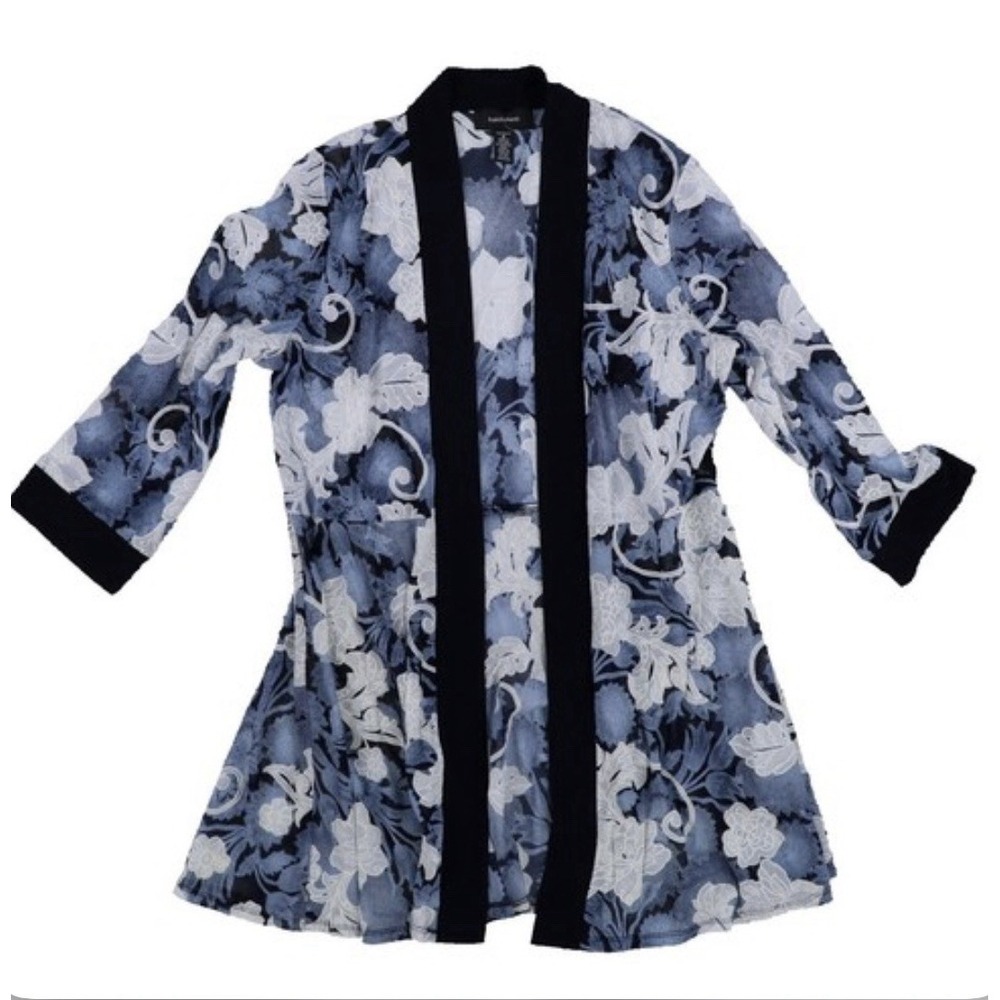 R&M Richards Navy And White Sheer Kimono Embroidered With Lace Accent 18W USA